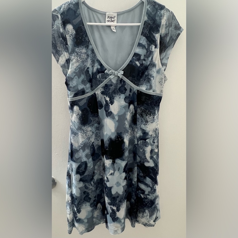 Blue Floral Mesh V-Neck Dress with Bow Trim